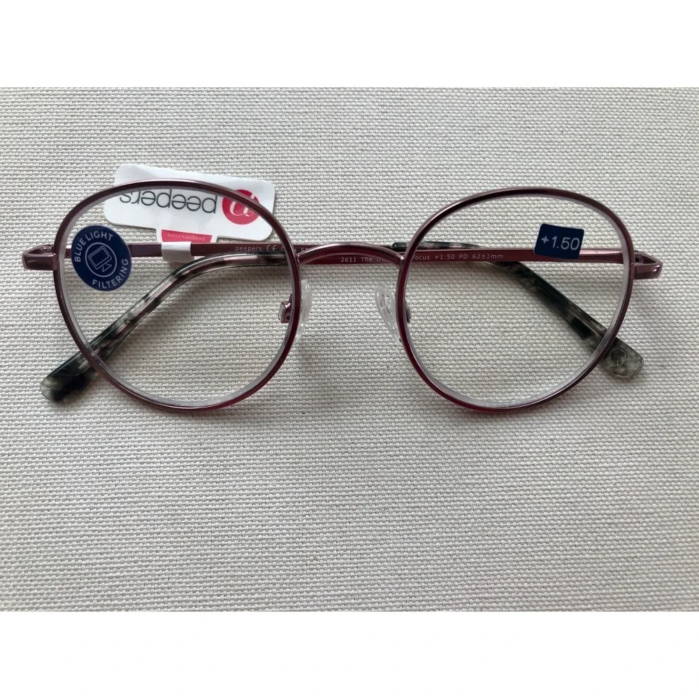 New Peepers Round Rose Gold‎ Wire Blue Light Filtering Reading Glasses +1.50
